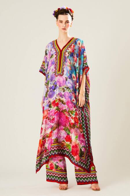 Rajdeep Ranawat_Multi Color Silk Embroidery V-neck Kaliza Floral Pattern Kaftan_Online_at_Aza_Fashions