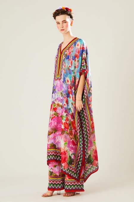 Buy_Rajdeep Ranawat_Multi Color Silk Embroidery V-neck Kaliza Floral Pattern Kaftan_Online_at_Aza_Fashions