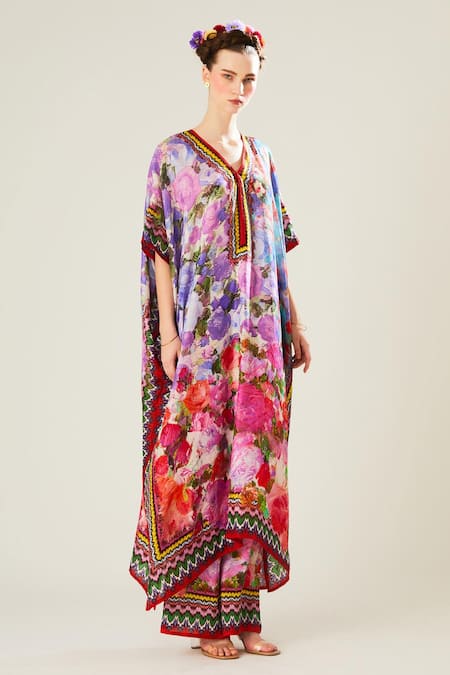 Shop_Rajdeep Ranawat_Multi Color Silk Embroidery V-neck Kaliza Floral Pattern Kaftan_Online_at_Aza_Fashions