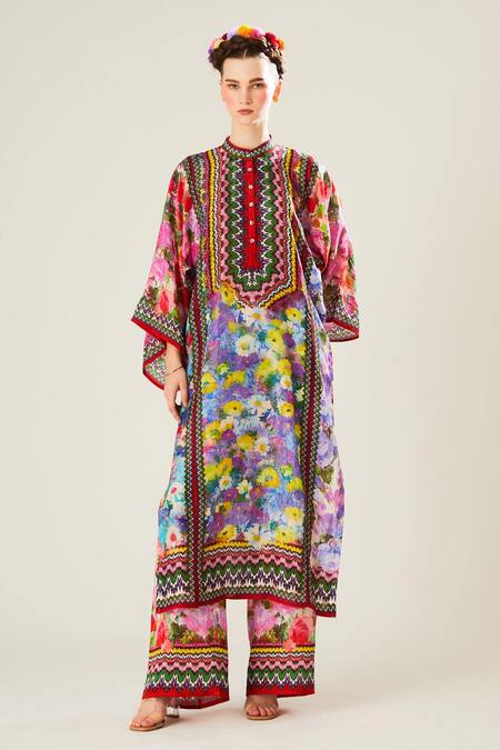 Buy_Rajdeep Ranawat_Multi Color Silk Embroidery Bandeau Neck Gayatri Floral Pattern Tunic_Online_at_Aza_Fashions