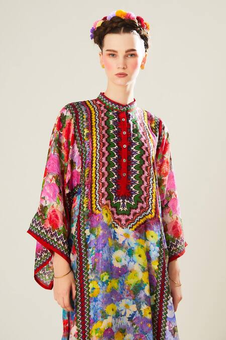 Shop_Rajdeep Ranawat_Multi Color Silk Embroidery Bandeau Neck Gayatri Floral Pattern Tunic_Online_at_Aza_Fashions