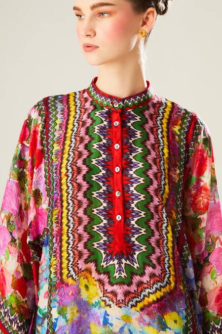 Rajdeep Ranawat_Multi Color Silk Embroidery Bandeau Neck Gayatri Floral Pattern Tunic_at_Aza_Fashions