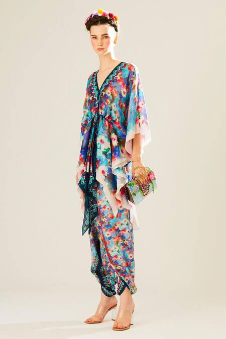 Rajdeep Ranawat_Blue Silk V-neck Inayat Floral Print Kaftan Top_Online_at_Aza_Fashions