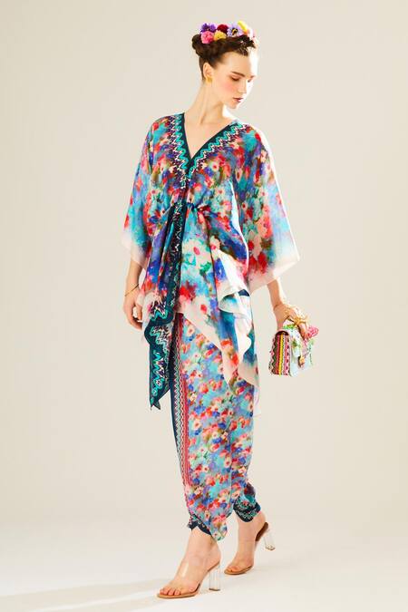 Rajdeep Ranawat_Blue Satin Sonth Floral Print Dhoti Pant_Online_at_Aza_Fashions