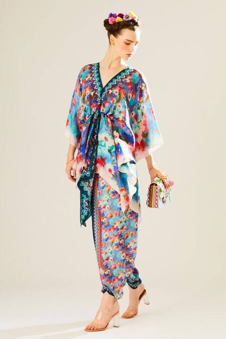 Buy_Rajdeep Ranawat_Blue Silk V-neck Inayat Floral Print Kaftan Top_Online_at_Aza_Fashions