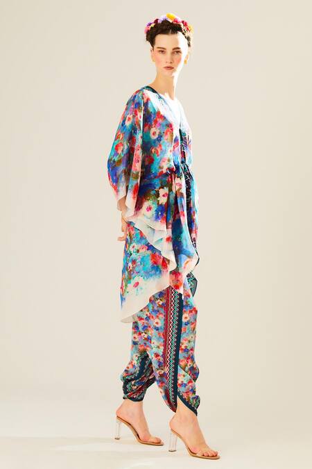 Shop_Rajdeep Ranawat_Blue Satin Sonth Floral Print Dhoti Pant_Online_at_Aza_Fashions