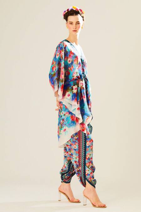 Shop_Rajdeep Ranawat_Blue Silk V-neck Inayat Floral Print Kaftan Top_Online_at_Aza_Fashions