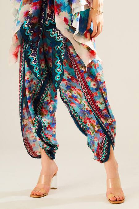 Rajdeep Ranawat_Blue Satin Sonth Floral Print Dhoti Pant_at_Aza_Fashions