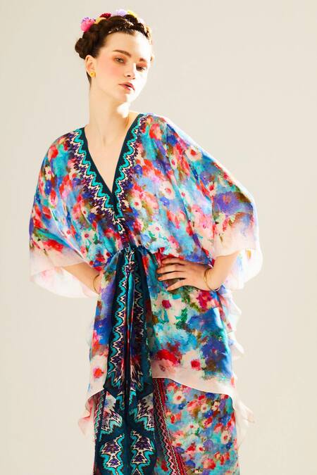 Rajdeep Ranawat_Blue Silk V-neck Inayat Floral Print Kaftan Top_at_Aza_Fashions