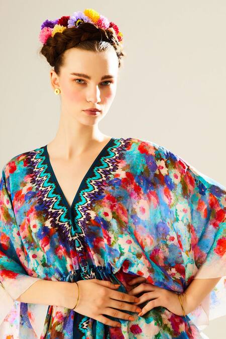 Buy_Rajdeep Ranawat_Blue Silk V-neck Inayat Floral Print Kaftan Top