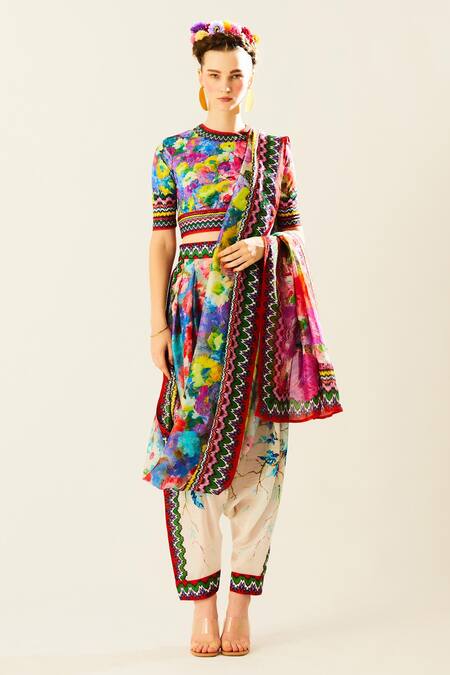 Rajdeep Ranawat Multi Color Silk, Lycra Embroidery Tamara Floral Pattern Pant Saree With Blouse Online at Aza Fashions Rajdeep Ranawat_Multi Color Silk, Lycra Embroidery Tamara Floral Pattern Pant Saree With Blouse_Online_at_Aza_Fashions