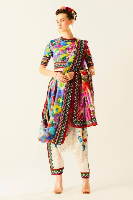 Buy Rajdeep Ranawat Multi Color Silk, Lycra Embroidery Tamara Floral Pattern Pant Saree With Blouse Online at Aza Fashions Buy_Rajdeep Ranawat_Multi Color Silk, Lycra Embroidery Tamara Floral Pattern Pant Saree With Blouse_Online_at_Aza_Fashions