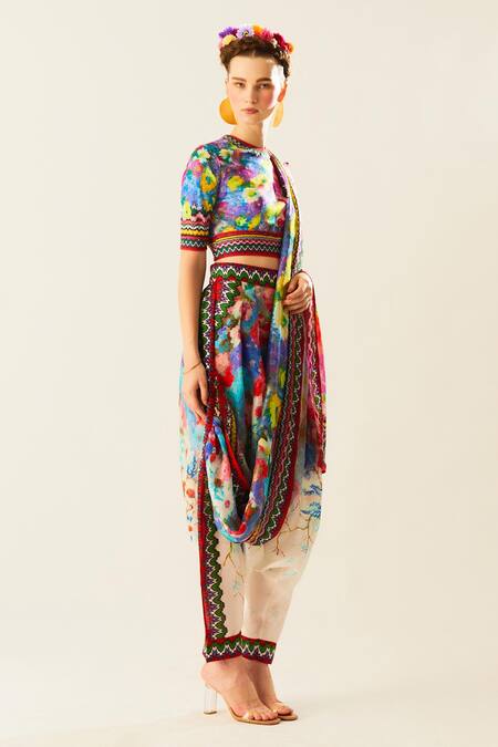 Shop Rajdeep Ranawat Multi Color Silk, Lycra Embroidery Tamara Floral Pattern Pant Saree With Blouse Online at Aza Fashions Shop_Rajdeep Ranawat_Multi Color Silk, Lycra Embroidery Tamara Floral Pattern Pant Saree With Blouse_Online_at_Aza_Fashions