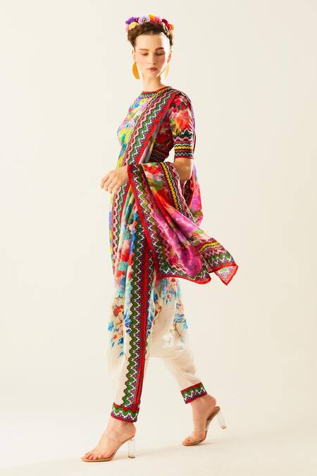 Rajdeep Ranawat Multi Color Silk, Lycra Embroidery Tamara Floral Pattern Pant Saree With Blouse at Aza Fashions Rajdeep Ranawat_Multi Color Silk, Lycra Embroidery Tamara Floral Pattern Pant Saree With Blouse_at_Aza_Fashions