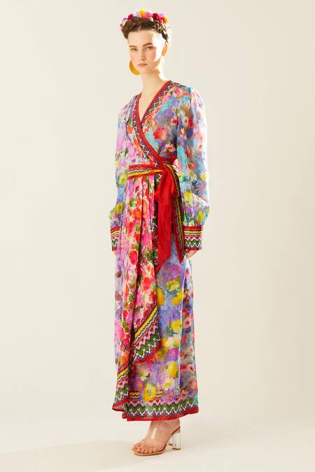 Buy_Rajdeep Ranawat_Multi Color Silk Embroidery V-neck Udipti Floret Pattern Wrap Dress_Online_at_Aza_Fashions