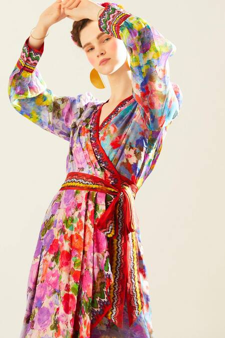 Shop_Rajdeep Ranawat_Multi Color Silk Embroidery V-neck Udipti Floret Pattern Wrap Dress_Online_at_Aza_Fashions