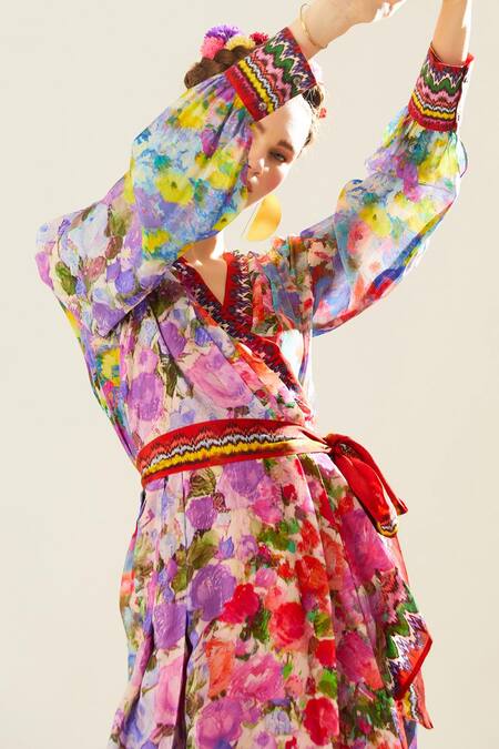 Rajdeep Ranawat_Multi Color Silk Embroidery V-neck Udipti Floret Pattern Wrap Dress_at_Aza_Fashions