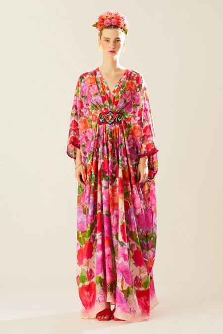 Rajdeep Ranawat_Coral Silk Beads V-neck Imama Front Embellished Kaftan_Online_at_Aza_Fashions