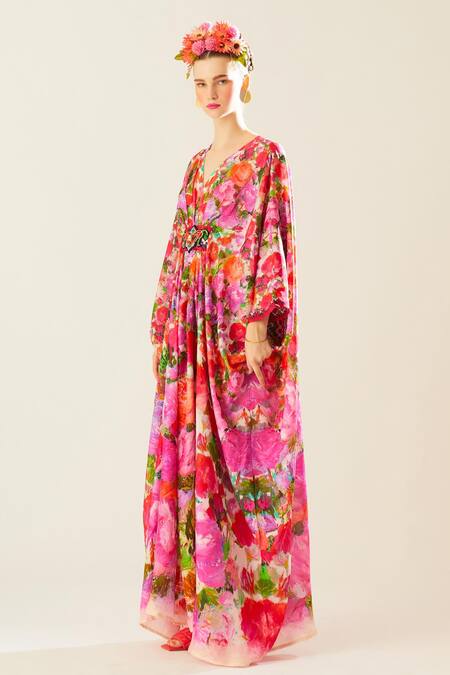 Buy_Rajdeep Ranawat_Coral Silk Beads V-neck Imama Front Embellished Kaftan_Online_at_Aza_Fashions