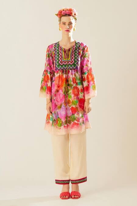 Rajdeep Ranawat_Coral Silk Tassels Keyhole Neck Pankti Flower Print Top_Online_at_Aza_Fashions