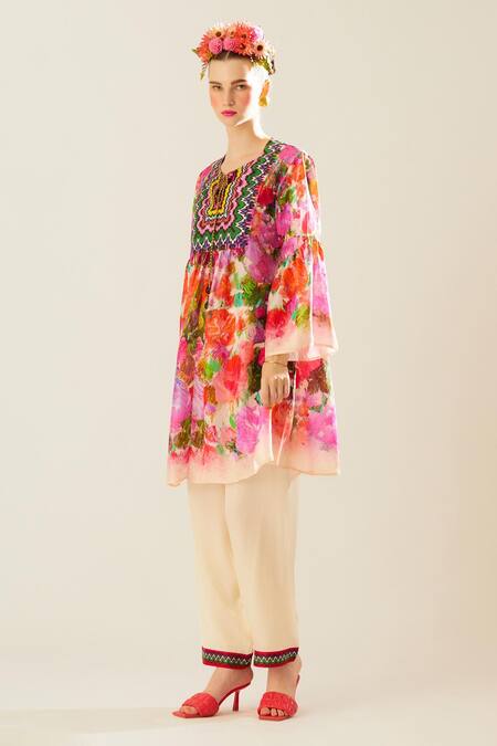 Buy_Rajdeep Ranawat_Coral Silk Tassels Keyhole Neck Pankti Flower Print Top_Online_at_Aza_Fashions