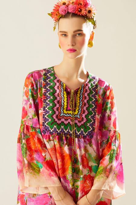 Shop_Rajdeep Ranawat_Coral Silk Tassels Keyhole Neck Pankti Flower Print Top_Online_at_Aza_Fashions