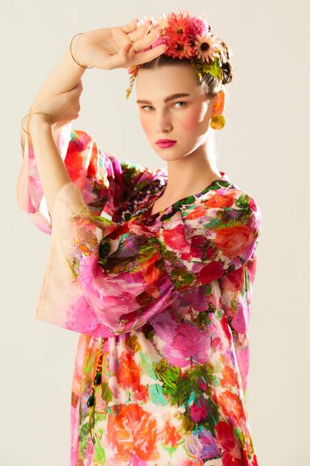 Rajdeep Ranawat_Coral Silk Tassels Keyhole Neck Pankti Flower Print Top_at_Aza_Fashions