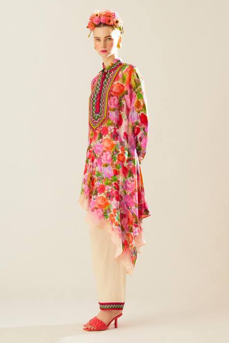 Rajdeep Ranawat_Coral Silk Fringe, Tassels Collared Bijli Full Sleeve Printed Shirt_Online_at_Aza_Fashions