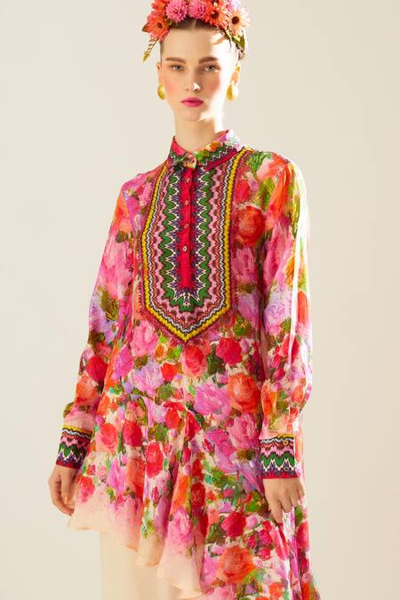 Buy_Rajdeep Ranawat_Coral Silk Fringe, Tassels Collared Bijli Full Sleeve Printed Shirt_Online_at_Aza_Fashions