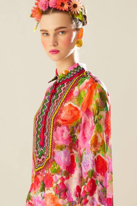 Shop_Rajdeep Ranawat_Coral Silk Fringe, Tassels Collared Bijli Full Sleeve Printed Shirt_Online_at_Aza_Fashions