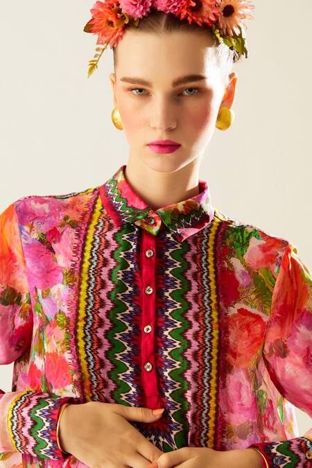 Rajdeep Ranawat_Coral Silk Fringe, Tassels Collared Bijli Full Sleeve Printed Shirt_at_Aza_Fashions