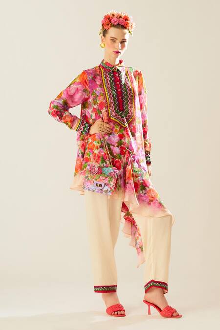 Buy_Rajdeep Ranawat_Coral Silk Fringe, Tassels Collared Bijli Full Sleeve Printed Shirt