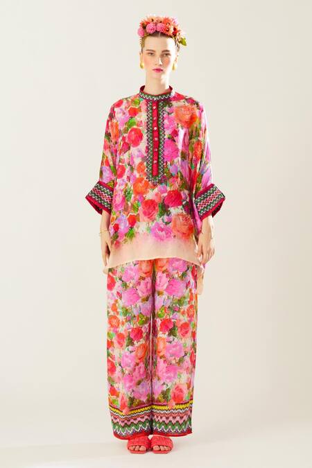 Rajdeep Ranawat_Coral Satin Embroidery Permaz Print Pant_Online_at_Aza_Fashions