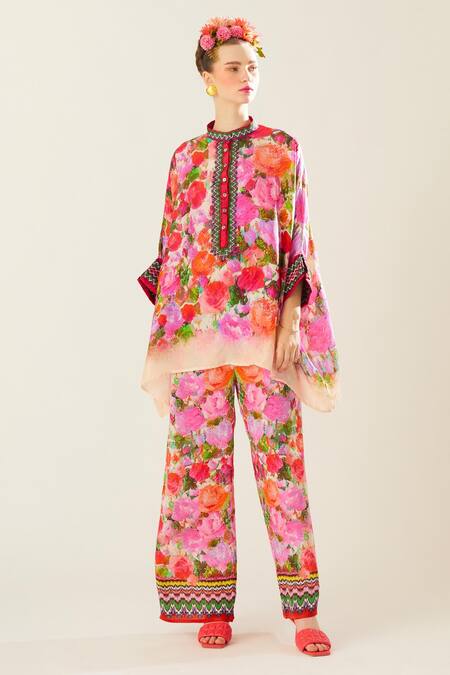 Rajdeep Ranawat_Coral Silk Embroidery Bandeau Neck Chanel Print Top_Online_at_Aza_Fashions