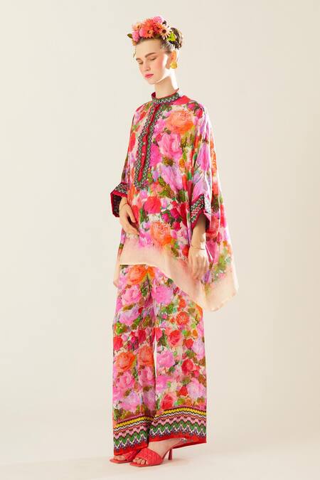 Buy_Rajdeep Ranawat_Coral Satin Embroidery Permaz Print Pant_Online_at_Aza_Fashions