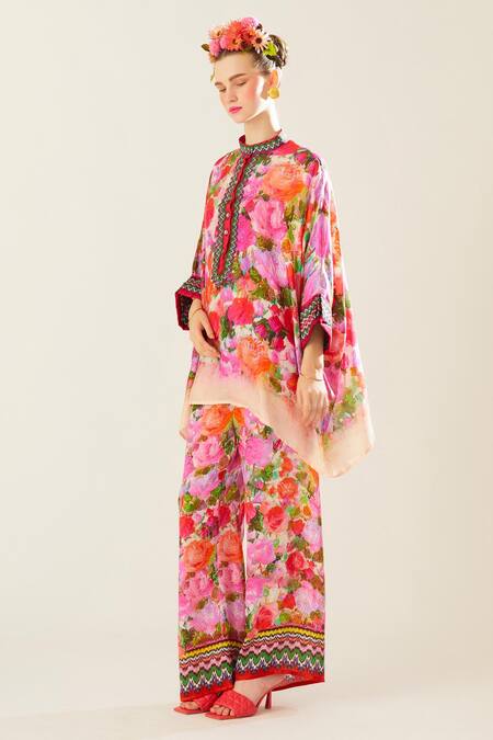 Buy_Rajdeep Ranawat_Coral Silk Embroidery Bandeau Neck Chanel Print Top_Online_at_Aza_Fashions