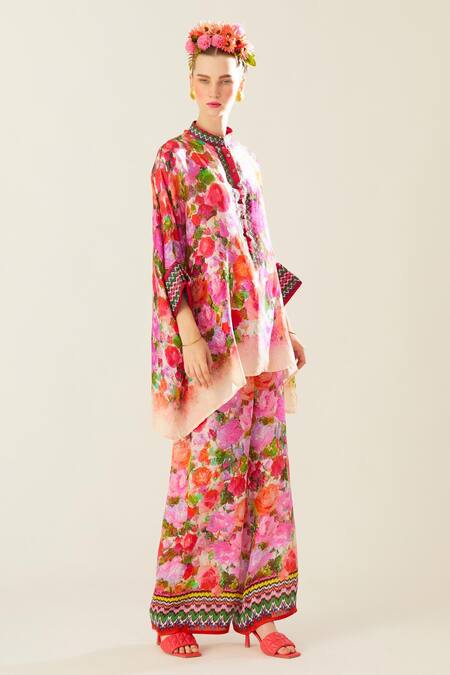 Shop_Rajdeep Ranawat_Coral Satin Embroidery Permaz Print Pant_Online_at_Aza_Fashions