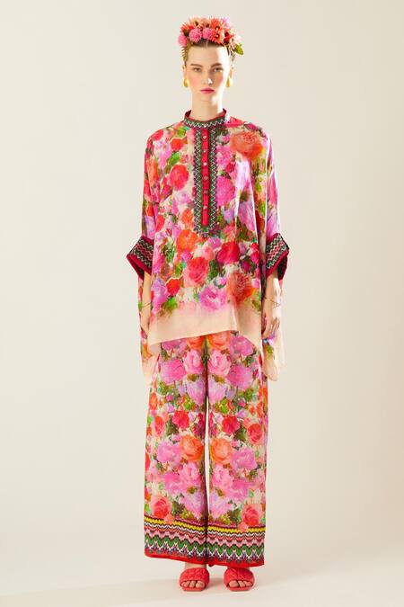 Shop_Rajdeep Ranawat_Coral Silk Embroidery Bandeau Neck Chanel Print Top_Online_at_Aza_Fashions