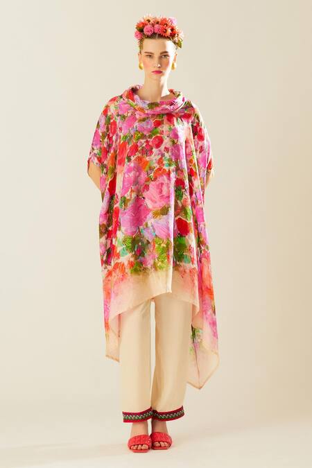 Rajdeep Ranawat_Coral Silk Embroidery Cowl Neck Lavanya Pattern Tunic_Online_at_Aza_Fashions