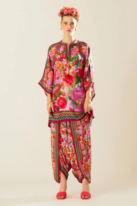 Buy_Rajdeep Ranawat_Coral Silk Pearls Mandarin Collar Ramona Floret Pattern Poncho Top_Online_at_Aza_Fashions