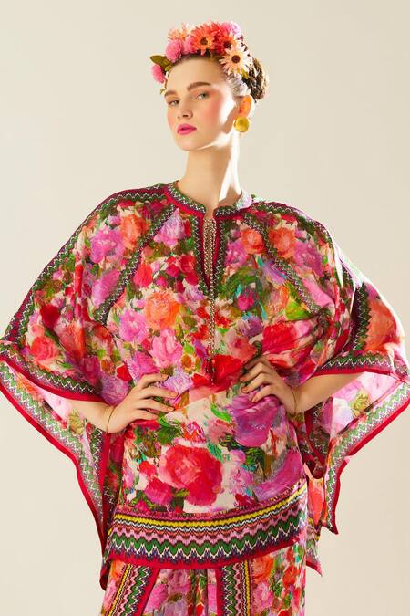 Rajdeep Ranawat_Coral Silk Pearls Mandarin Collar Ramona Floret Pattern Poncho Top_at_Aza_Fashions