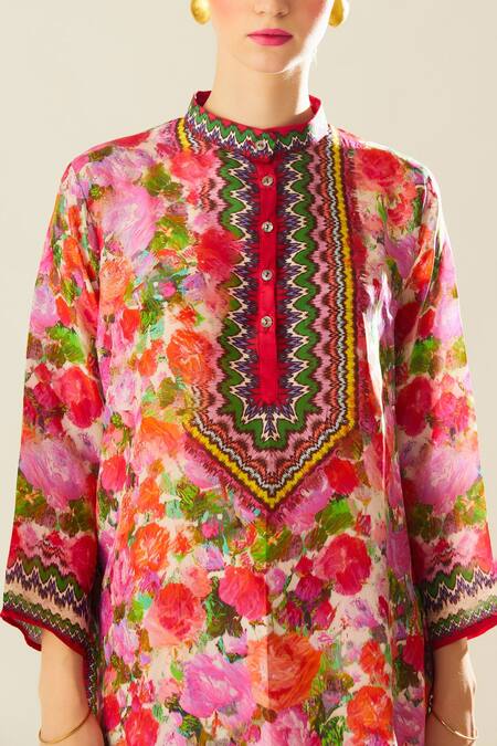 Shop_Rajdeep Ranawat_Coral Silk Embroidery Bandeau Neck Reza Print Kurta