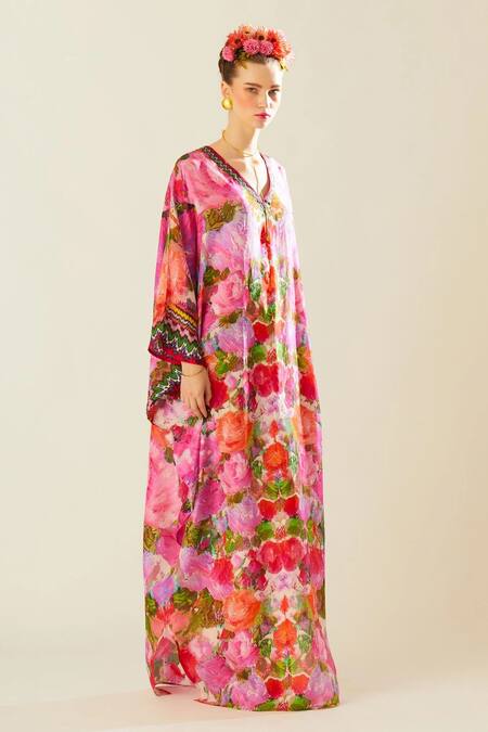 Rajdeep Ranawat_Coral Silk Embroidery V-neck Verusha Print Kaftan_Online_at_Aza_Fashions