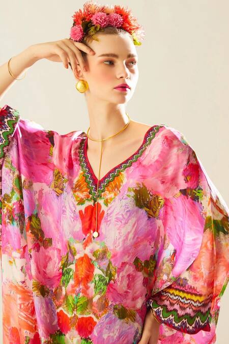 Shop_Rajdeep Ranawat_Coral Silk Embroidery V-neck Verusha Print Kaftan_Online_at_Aza_Fashions