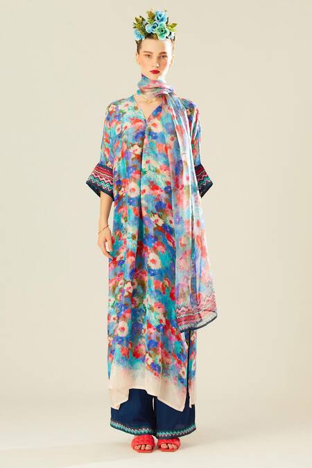 Rajdeep Ranawat_Blue Satin Plain Paloma Straight Printed Hem Pant  _Online_at_Aza_Fashions