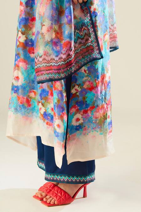 Rajdeep Ranawat_Blue Satin Plain Paloma Straight Printed Hem Pant  _at_Aza_Fashions
