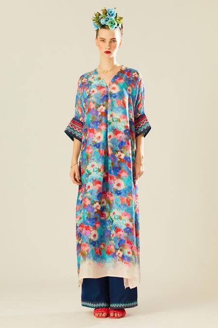 Buy_Rajdeep Ranawat_Blue Satin Plain Paloma Straight Printed Hem Pant  