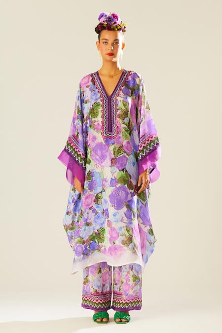 Rajdeep Ranawat_Purple Silk Floral V Neck Olivia Pattern Kaftan  _Online_at_Aza_Fashions