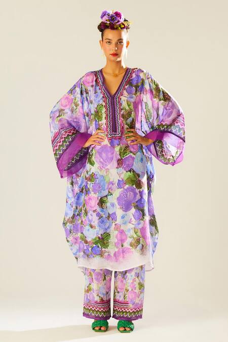 Buy_Rajdeep Ranawat_Purple Silk Floral V Neck Olivia Pattern Kaftan  _Online_at_Aza_Fashions