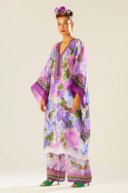 Shop_Rajdeep Ranawat_Purple Silk Floral V Neck Olivia Pattern Kaftan  _Online_at_Aza_Fashions
